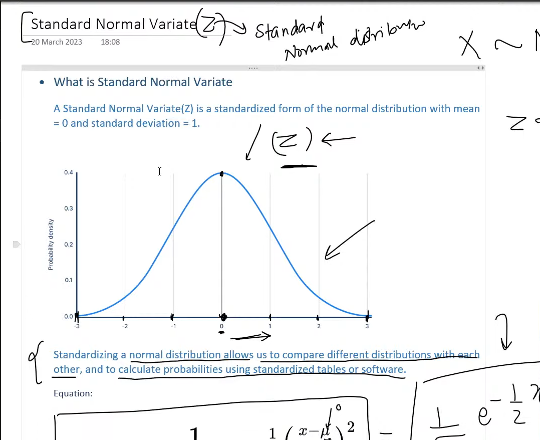 Lecture screenshot explaining the standard normal variate and z-score idea.